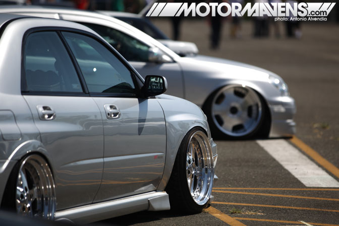 Subaru Impreza WRX STi stance slammed tire stretch Autocon Coverage Santa Anita Racetrack