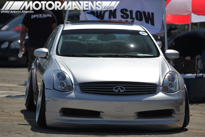 infiniti G35 stance slammed low n slow Autocon Coverage Santa Anita Racetrack