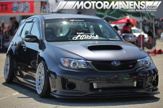 Subaru Impreza WRX STi stance slammed tire stretch Autocon Coverage Santa Anita Racetrack