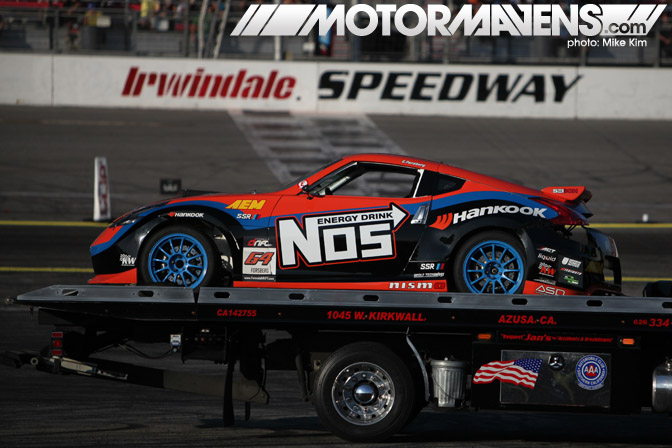 Chris Forsberg Nos Nissan 370Z crash tow truck flatbed Formula Drift Championship Finale Irwindale Speedway drifting