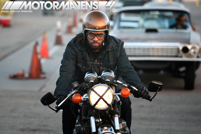 motorcyclist bobber cafe racer goggles gold flake helmet Mooneyes hot rod rat kustom Irwindale Speedway xmas party