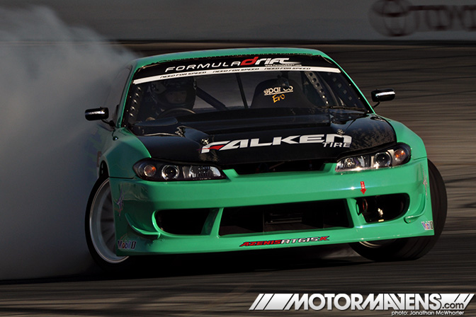 irwindale speedway drifting formula drift finale 2010 nissan s15 falken tire james deane